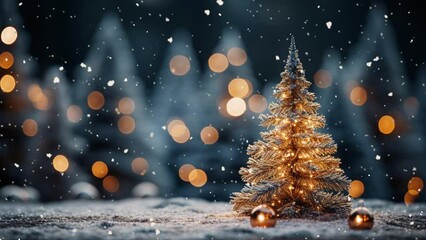 Christmas fairy-tale scene - decorated christmass tree in the forest. It is snowing. Cozy festive winter atmosphere. - Powered by Adobe