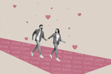 Artwork collage picture of two black white colors people hold arms running love hearts isolated on creative beige background