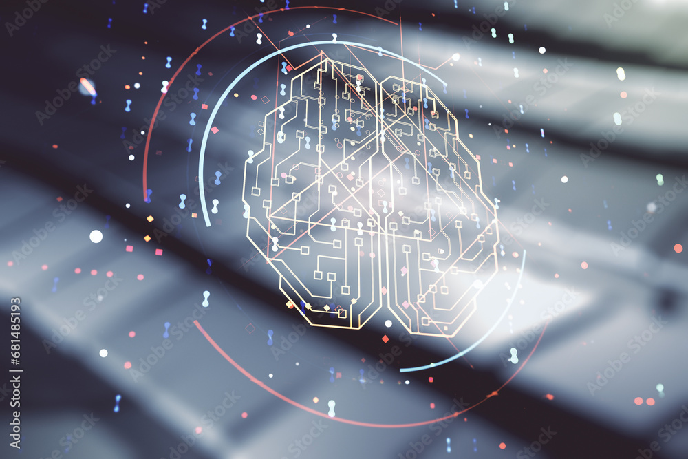 Aufkleber virtual creative artificial intelligence hologram with human brain sketch on abstract metal backgrou