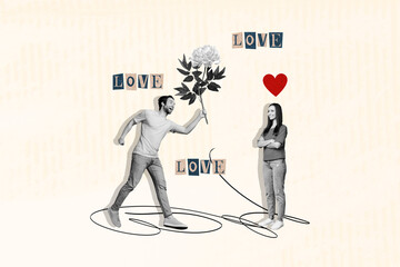 Photo comics sketch collage picture of funky boyfriend giving 14 february gift smiling lady...