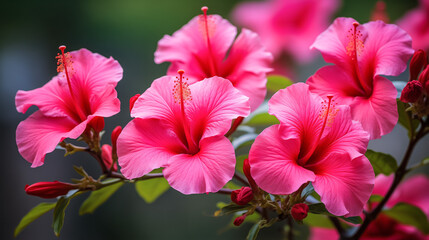 Vivid pink hibiscus in natural setting - obrazy, fototapety, plakaty