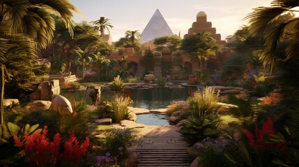 an Egyptian garden filled with exotic plants and wildlife - obrazy, fototapety, plakaty