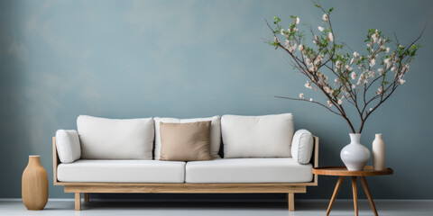 Living room interior with white sofa, blue wall and vase with flowers. 3d render