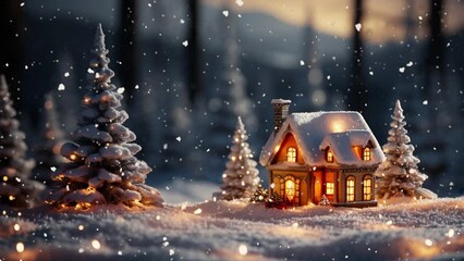 Christmas fairy-tale scene - a doll's house in a doll's forest. It is snowing. Cozy festive winter atmosphere. - Powered by Adobe