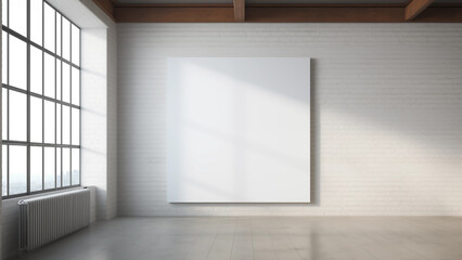 Fototapeta premium Photo of a blank canvas hanging in an empty studio with bright sunlight.