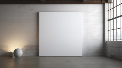 Photo of a blank canvas hanging in an empty studio with bright sunlight.