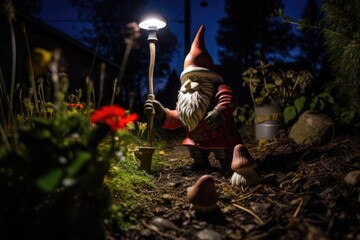  Garden gnome, a statue of a gnome on the lawn in the garden. Flowers.