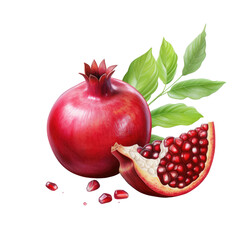 Watercolor pomegranate with seeds and leaves isolated on a white or transparent background, png