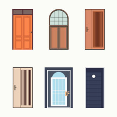 front doors to houses and buildings set in flat design style isolated, vector illustration.
