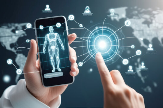 Concept view of a doctor holding a smartphone with medical icon around.IA generativa