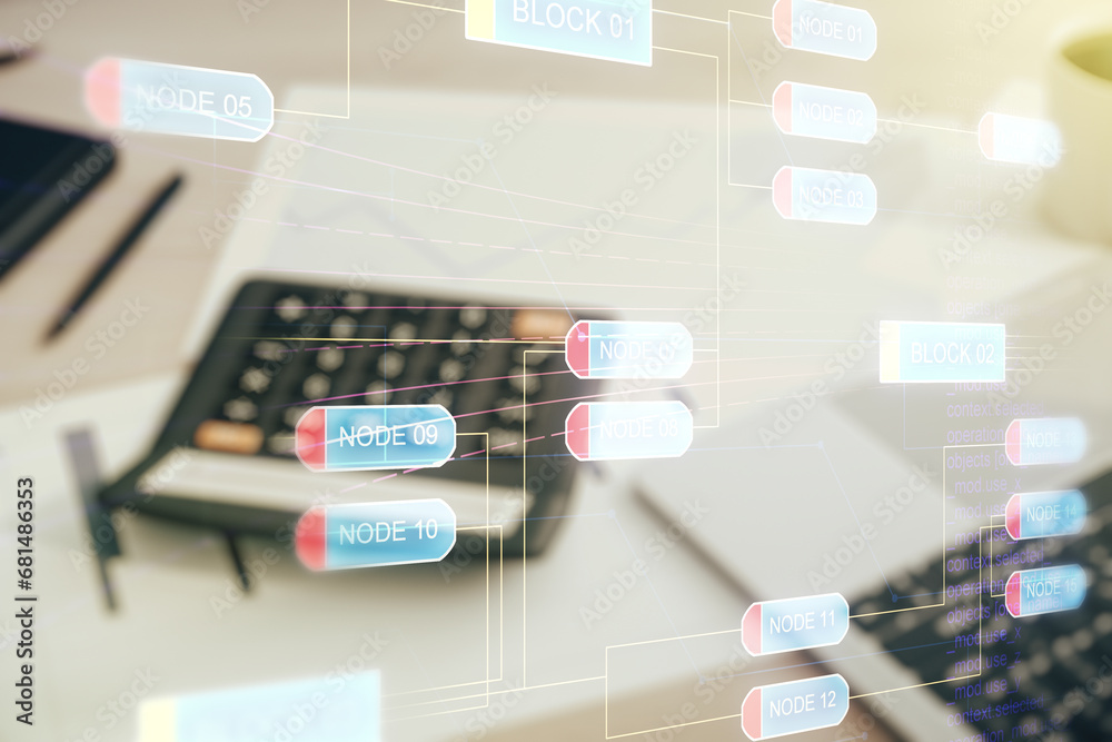 Poster abstract virtual coding illustration on blurry calculator and computer background, software developm