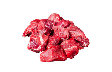 Pieces of raw diced beef fillet meat.  Transparent background. Isolated.