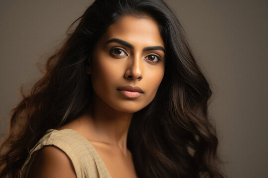 Portrait of beautiful young indian woman with long curly hair on brown background.