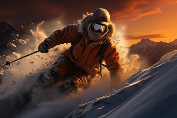 Adrenaline-Fueled Downhill Skiing During Golden Hour - obrazy, fototapety, plakaty