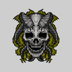Skull engraving ornament artwork tattoo and t-shirt design hand drawn vector illustration