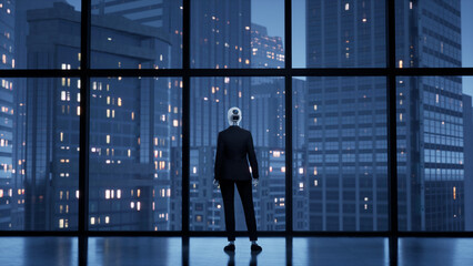 A robot humanoid staying in the empty office and looking out the window at the big night city. future technology concept