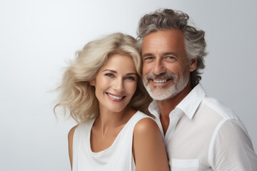 Portrait of a happy smiling couple dressed in white with the white background Made with Generative AI