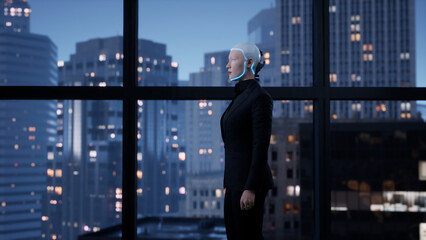 Fototapeta premium A robot humanoid staying in the empty office and looking out the window at the big night city. future technology concept