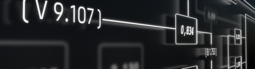 Close up node tree. Digitalswitch board with signal lights. Data, blocks, switches, connections, technology, control center. 3D illustration