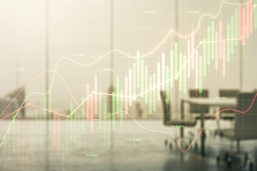 Multi exposure of virtual creative financial chart hologram on a modern meeting room background, research and analytics concept