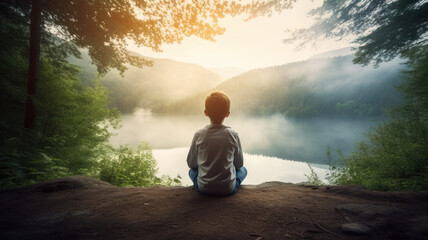 boy sitting on nature for contemplation - obrazy, fototapety, plakaty