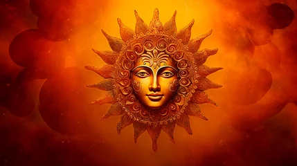 Tuinposter Sun God  Surya, solar deity in Hinduism. Pongal, Makara Sankaranti - Hindu festival. © Zelma