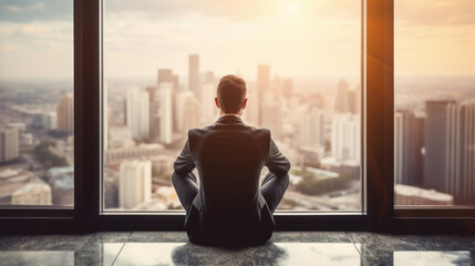 Business man sitting on office window Overlooking Cityscape and thinking
