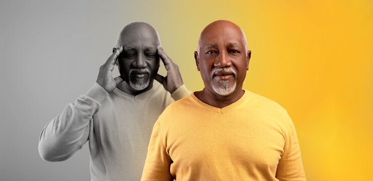 Bipolar Disorder Concept. Senior African American Man Suffering Mood Swings