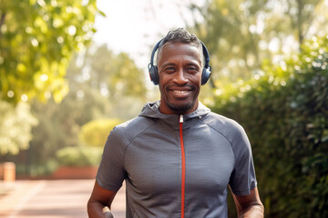 Middle aged African American man running in park. Handsome black man living healthy life and getting ready for marathon.