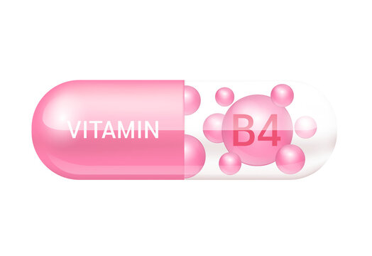 Capsule vitamin B4 structure pink and white It's transparent and vitamin pill is on inside. Cut out PNG. Beauty concept. Personal care. transparent capsule pill. Drug business	