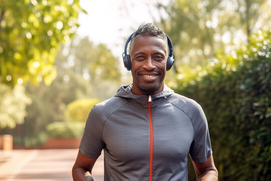 Middle Aged African American Man Running In Park. Handsome Black Man Living Healthy Life And Getting Ready For Marathon.