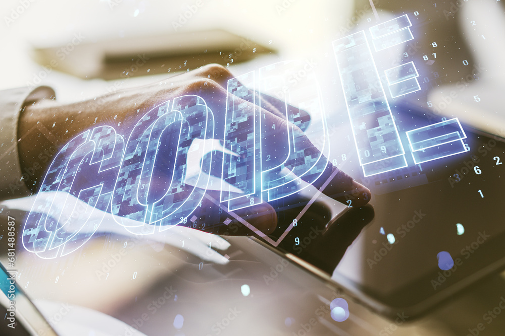 Aufkleber creative code word hologram and finger clicks on a digital tablet on background, artificial intellig