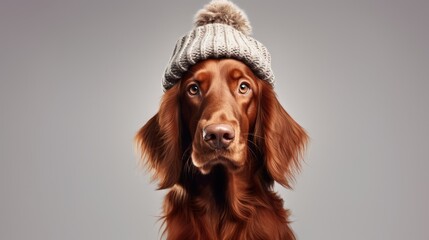 portrait of Irish setter dog in warm hat isolated on clean background - obrazy, fototapety, plakaty