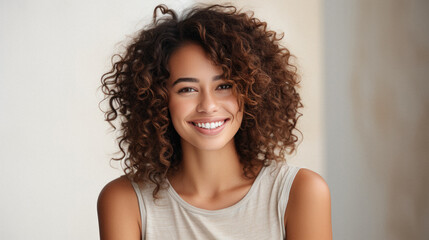 Portrait of beautiful young woman with curly hair smiling at camera. - obrazy, fototapety, plakaty