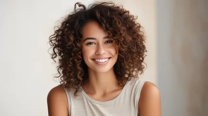 Fotobehang Portrait of beautiful young woman with curly hair smiling at camera. © Synthetica