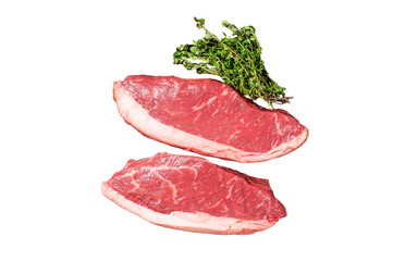 Raw top sirloin steak, cap rump beef meat steak on kitchen tray with spices.  Transparent background. Isolated.