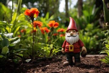  Garden gnome, a statue of a gnome on the lawn in the garden. Flowers.