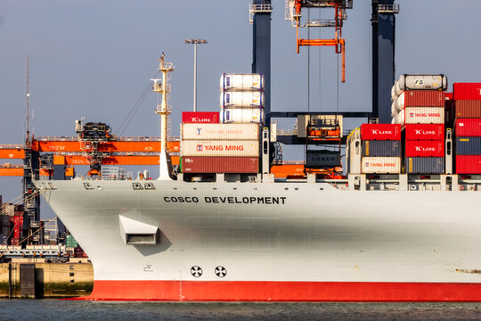 Cosco container ship being loaded by gantry cranes in the ECT Shipping Terminal Port of Rotterdam.