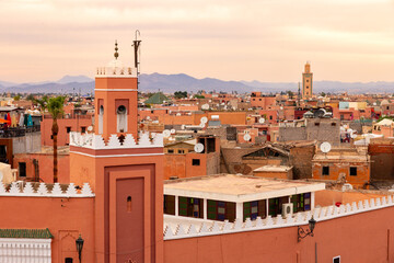 Minaret tower on the historical walled city (medina) in Marrakech. Morocco