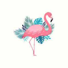 Pink flamingo with palm leaves on a white background.Vector illustration