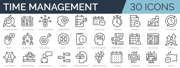 Set of 30 outline icons related to time management. Linear icon collection. Editable stroke. Vector illustration - obrazy, fototapety, plakaty