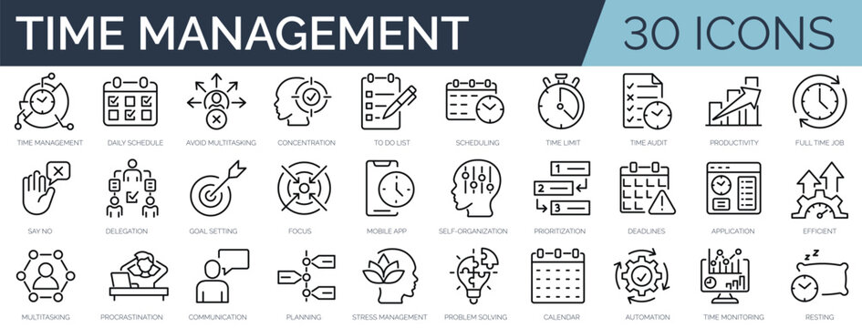 Set of 30 outline icons related to time management. Linear icon collection. Editable stroke. Vector illustration