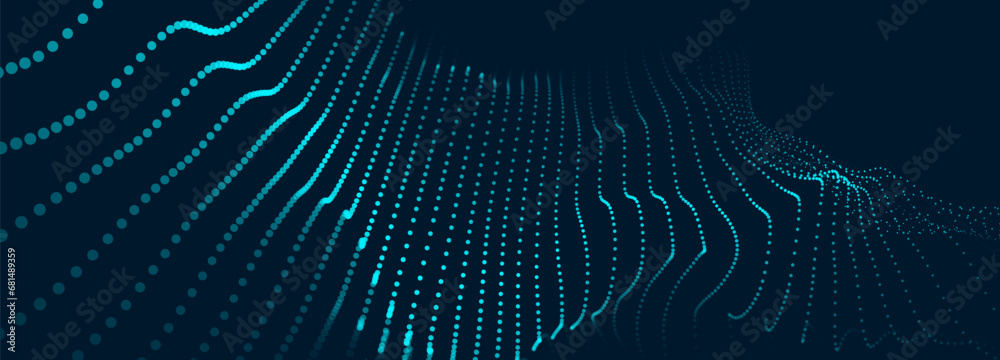 Poster Abstract background of points. White wave. Cyber particles. Big data stream. Vector illustration