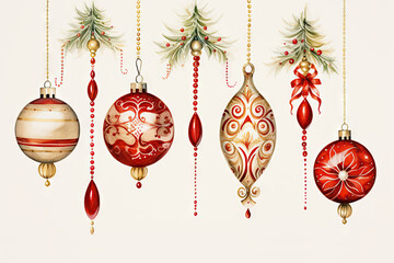 Christmas tree decorations, toys hanging on strings. Traditional New Year celebration accessories isolated on white background. Trendy retro style. Watercolor elements for banner, card, print, poster