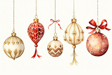 Christmas tree decorations, toys hanging on strings. Traditional New Year celebration accessories isolated on white background. Trendy retro style. Watercolor elements for banner, card, print, poster