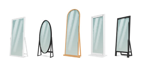Floor mirror different shape stylish interior element wooden and metallic frame set realistic vector
