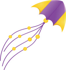 Holiday kite flying yellow purple summer toy with tail ribbon air cartoon character vector flat