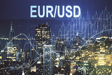 Abstract virtual EURO USD financial chart illustration on San Francisco skyline background. Trading...