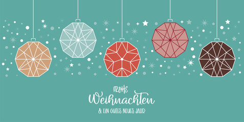 Weihnachtskarte mit Christbaumkugeln und Baumbehang mehrfarbig - deutscher Text auf weissem Hintergrund