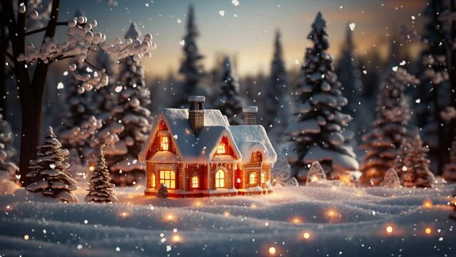 Christmas fairy-tale scene - a doll's house in a doll's forest. It is snowing. Cozy festive winter atmosphere.
